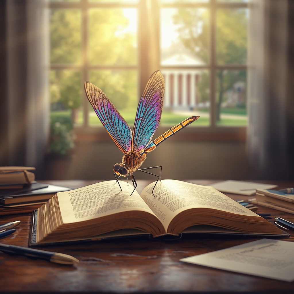 Dragonfly with colorful wings on an open book in sunlight, symbolizing growth and academic planning for college success.
