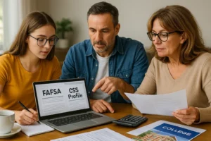 Family completing FAFSA and CSS Profile financial aid forms on laptop with college documents and calculator.