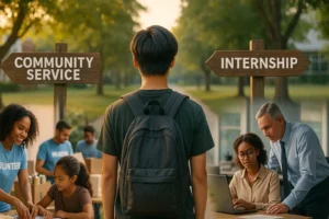 “High school student deciding between community service and internship opportunities, weighing options for personal growth and college readiness.