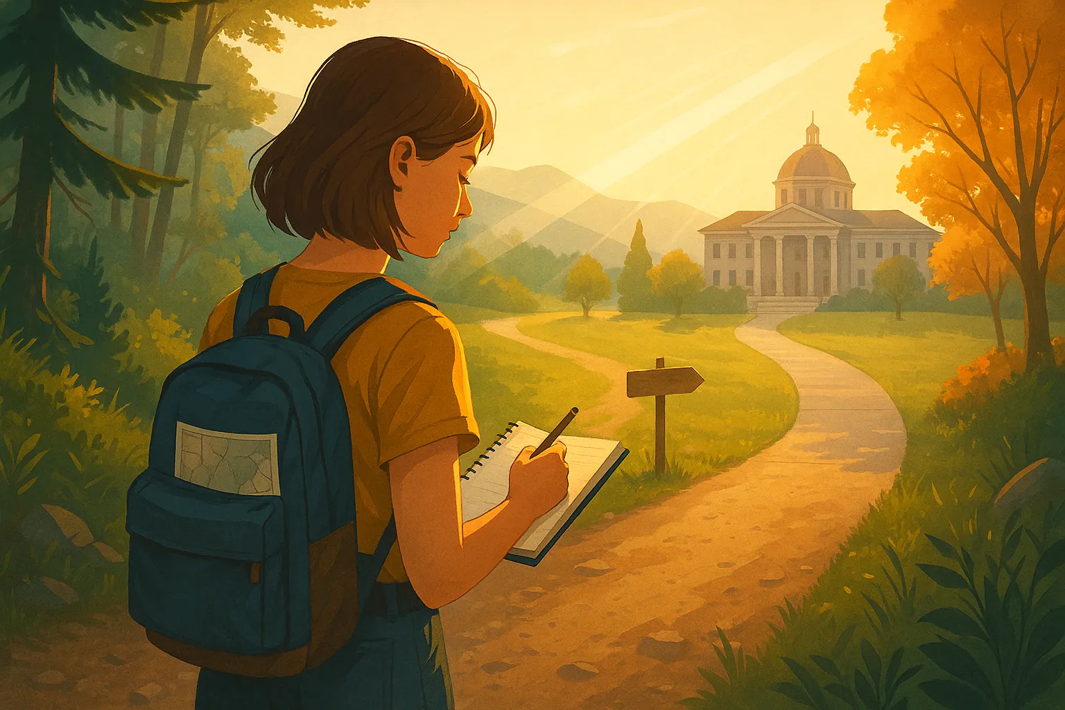 Student with a backpack journaling on a sunlit forest path that turns into a college walkway, symbolizing an undecided major using a college fit finder to discover the right academic path.