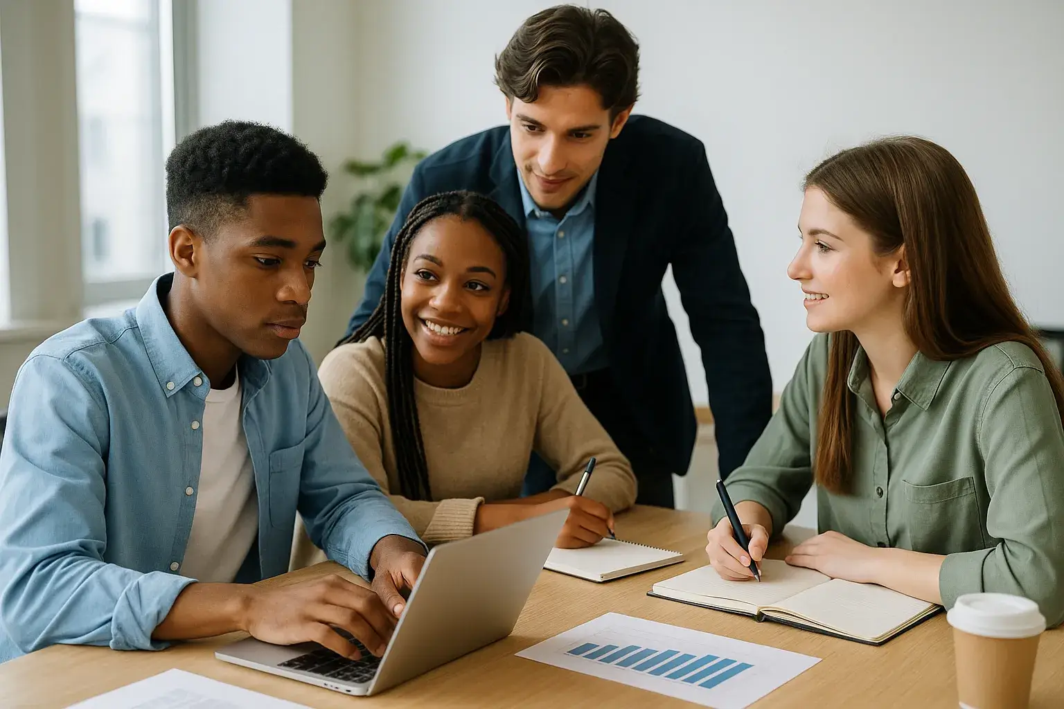 A group of diverse high school students working together in a modern office setting, collaborating on business internship projects with laptops, notebooks, and charts.