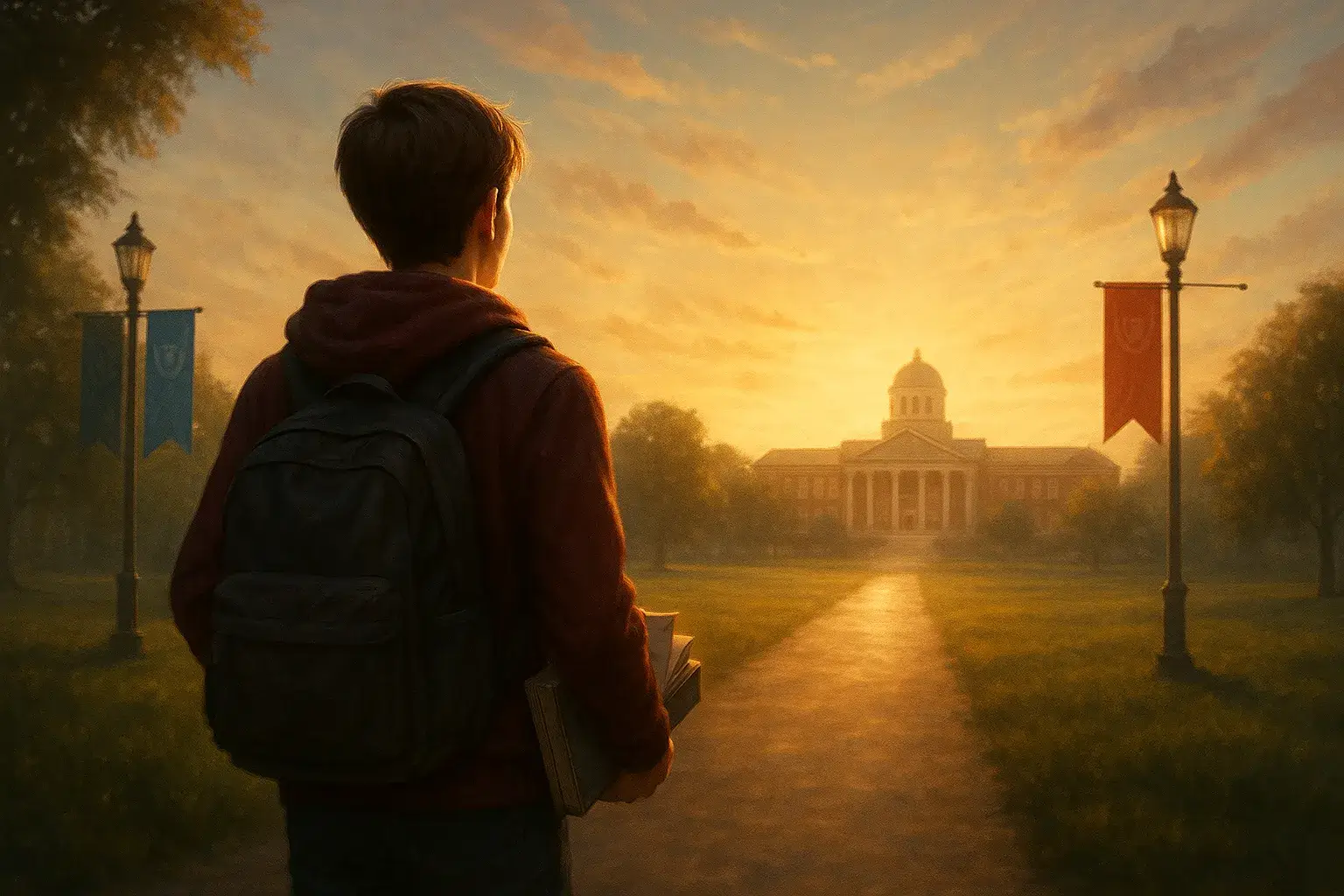 A motivated high school student stands at sunrise on a glowing path leading toward a bright college campus, symbolizing success in college admissions planning.