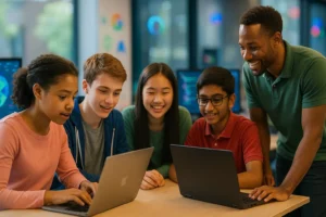 High school students exploring coding and computer science internships at Microsoft, Google, Meta, and Amazon with mentorship and hands-on tech experience.