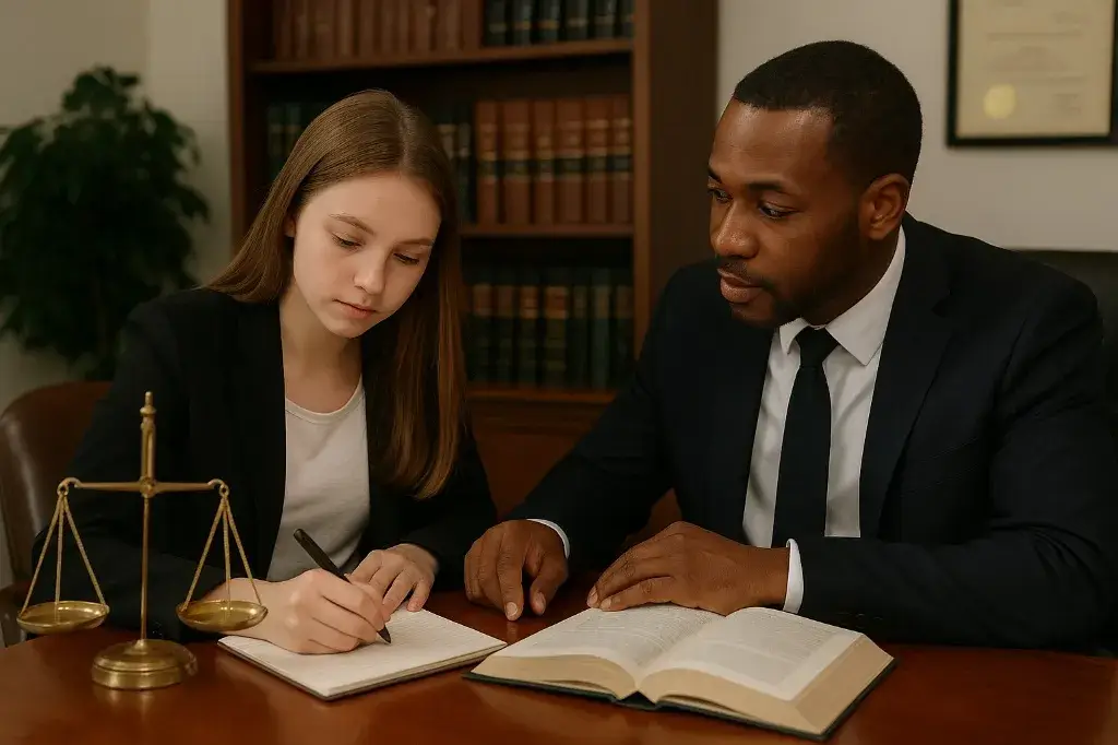 A young female high school student (intern) and a male attorney reviewing a legal book and documents at a desk with a scale of justice, representing a successful law internship for high school students experience.