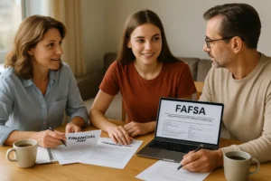 Three diverse high school students engaged in hands-on learning outdoors — one assisting a mentor, one planting a tree, and one organizing college plans on a laptop, symbolizing internships, community service, and preparation for college.