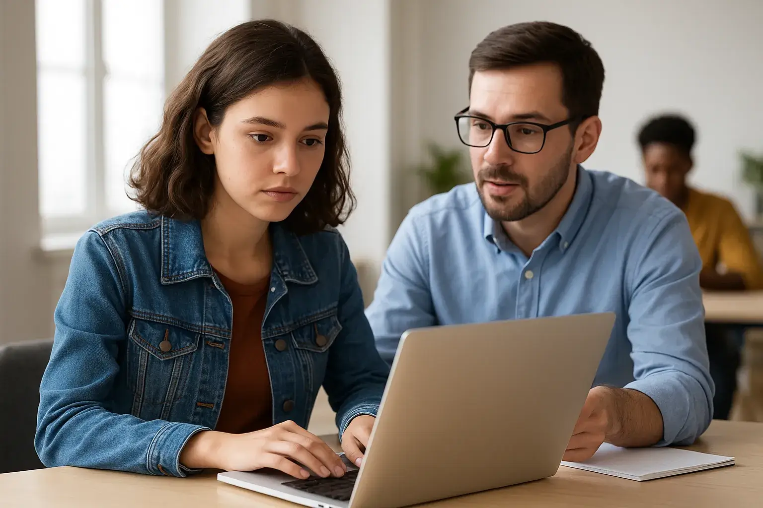 A high school student working on a laptop while receiving guidance from an adult mentor in a bright, modern office setting.