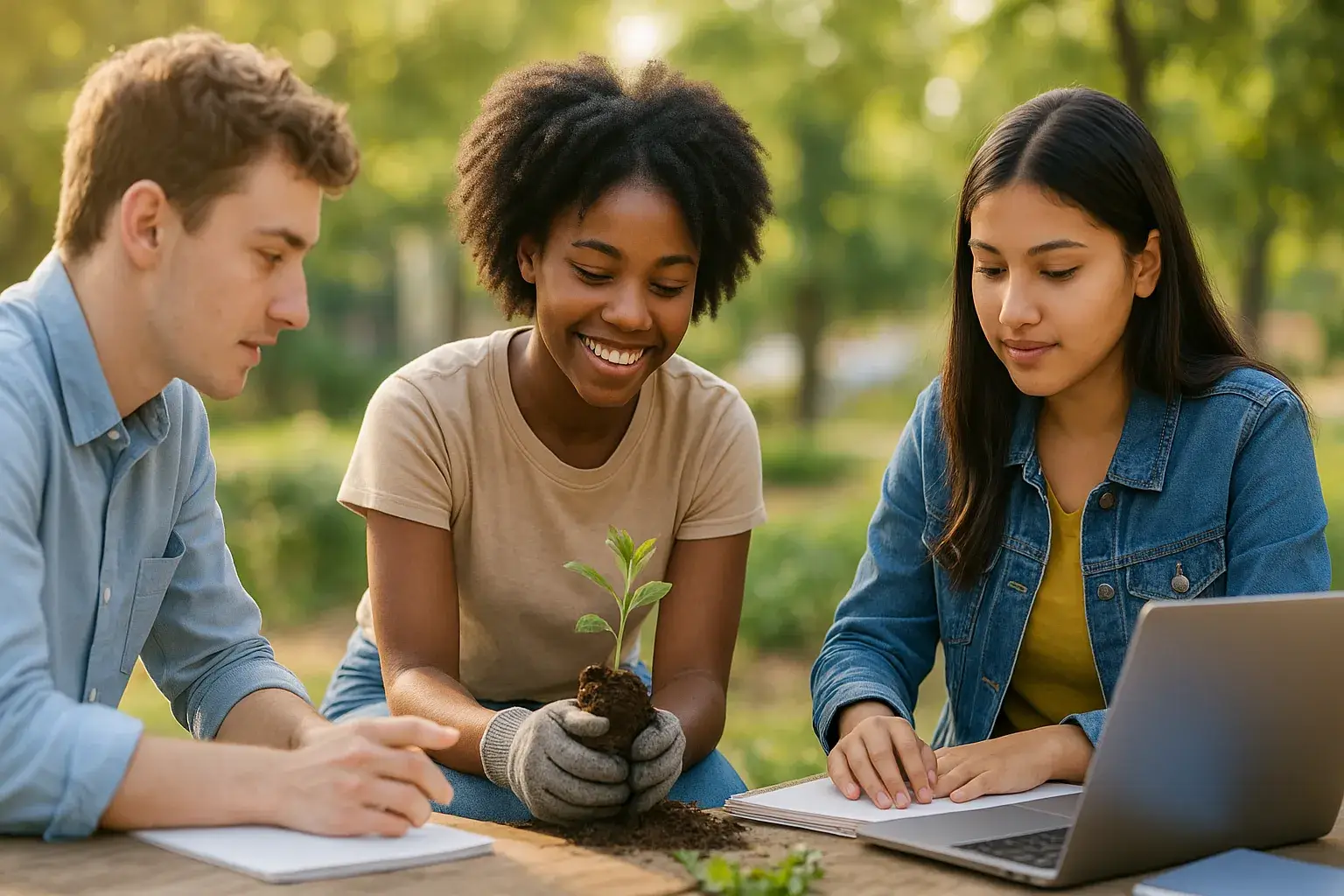 Three diverse high school students engaged in hands-on learning outdoors — one assisting a mentor, one planting a tree, and one organizing college plans on a laptop, symbolizing internships, community service, and preparation for college.