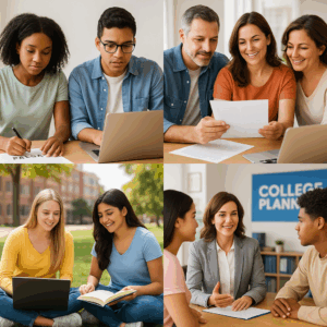 A diverse group of students and parents working on financial aid forms, reviewing college costs, studying outdoors, and meeting with a college planning counselor.