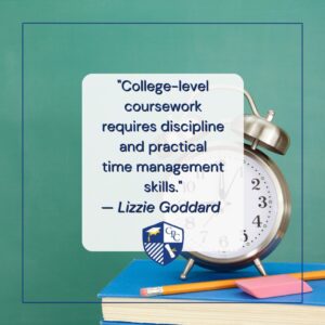 Time management skills include creating a study plan and prioritizing tasks to meet the demands of high school, extracurricular activities, and college-level education.